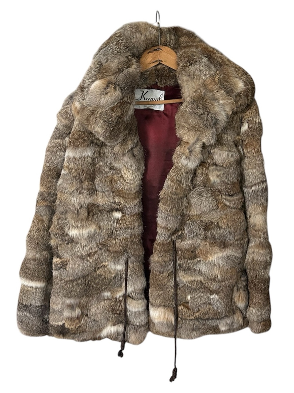 VTG Kamal | Women’s Brown Rabbit Fur Coat Fold Down Collar Drawstring Waist Sz L